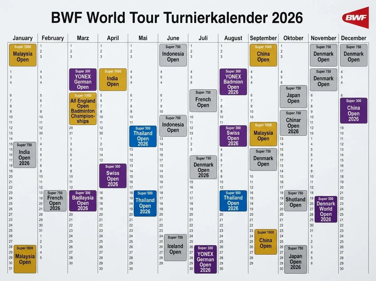 BWF World Tour Turnierkalender 2026 – Super-1000- bis Super-300-Events und ihre Bedeutung für Sportwetten